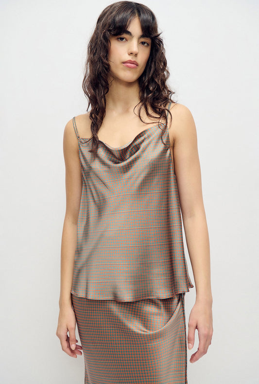 Image of a model wearing Tops. Product name - Drape Cami Micro Plaid in Micro Plaid colour by brand - Silk Laundry