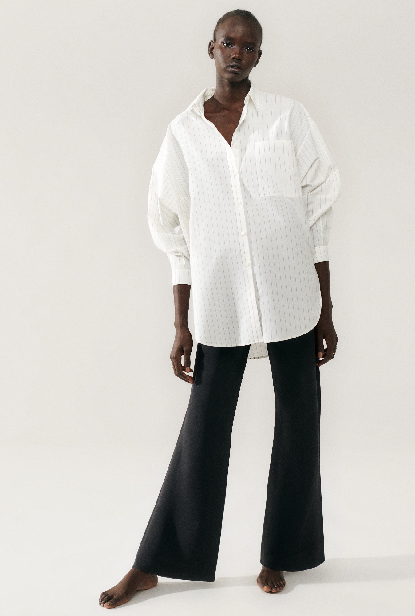 Image of Shirts. Productname: Cotton Silk Round Shirt White Pinstripe in White Pinstripe colour by brand - Silk Laundry