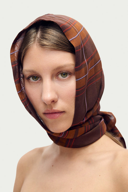 Image of Scarves & Shawls. Product name - Chiffon Hollywood Headscarf Root Plaid in Root Plaid colour by brand - Silk Laundry