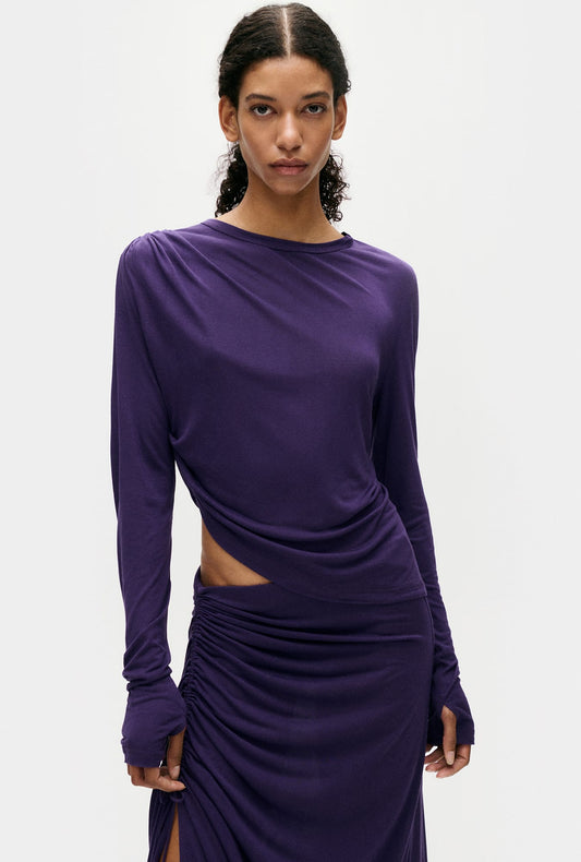 Image of a model wearing Tops. Productname: Silk Laundry Jersey Modal Drape Top Nightshade in Nightshade colour by brand - Silk Laundry