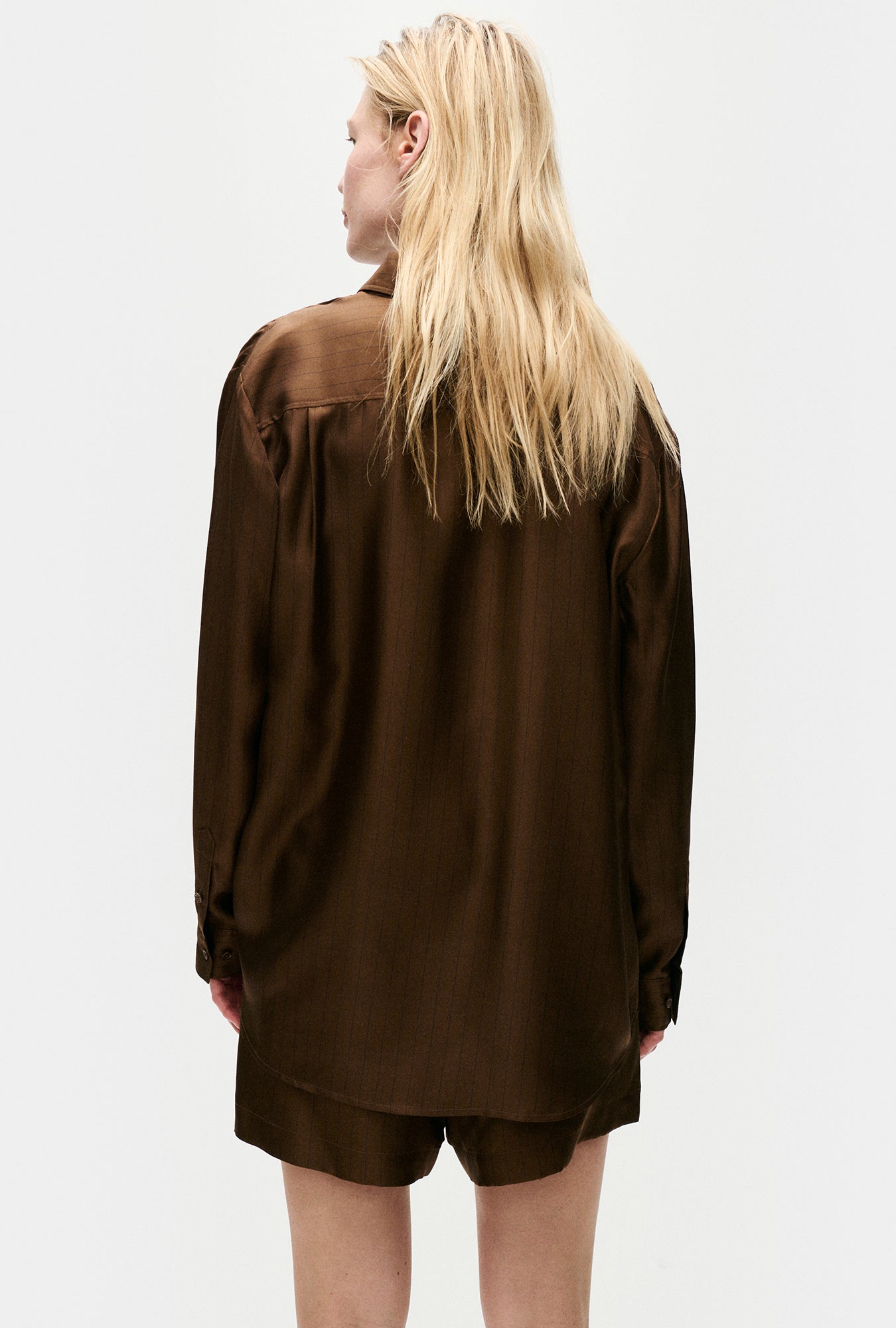 Silk Laundry Twill Boyfriend Shirt (Dark Earth Pinstripe)
