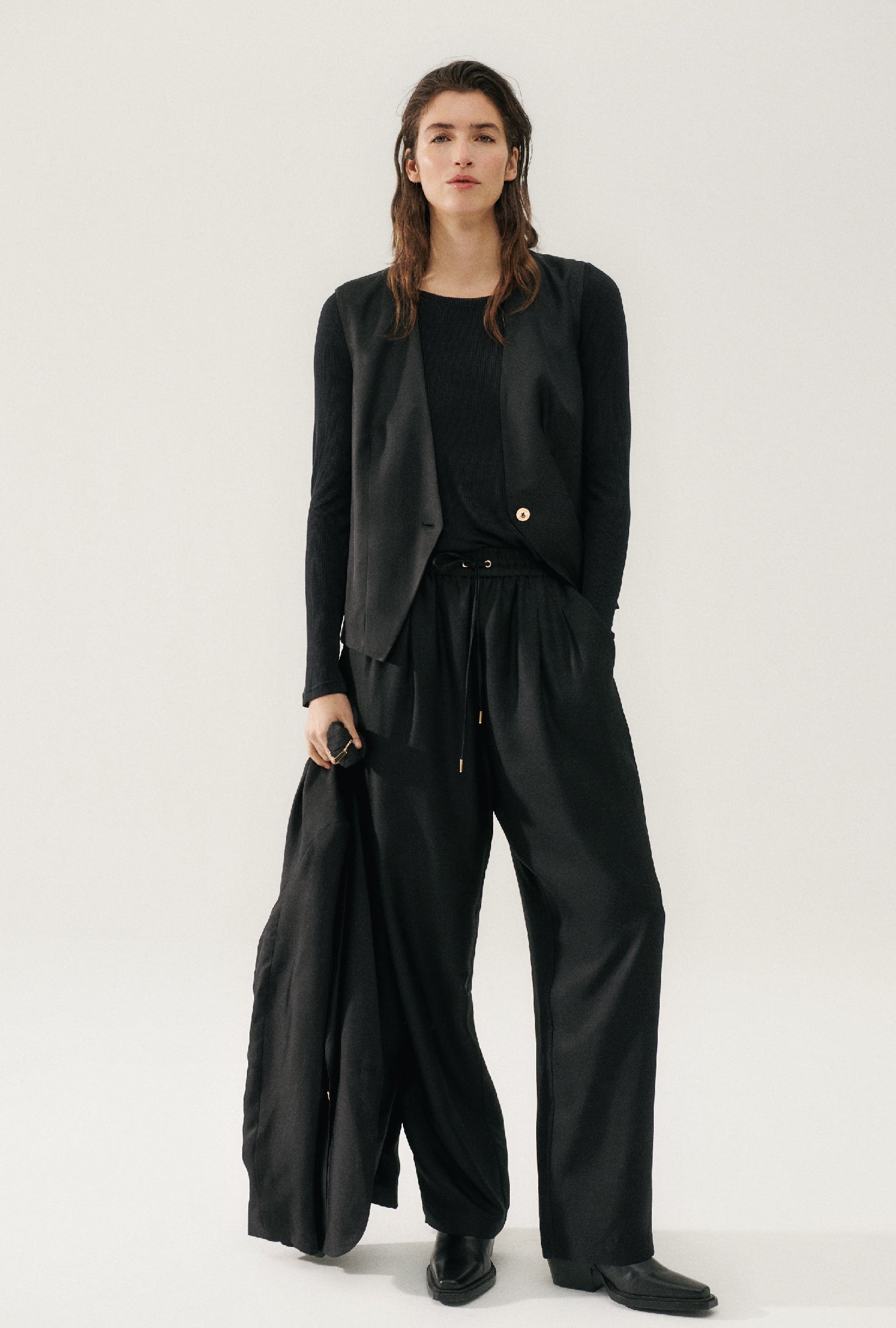 Image of Coats & Jackets. Product name - Twill Slouch Vest Black in Black colour by brand - Silk Laundry