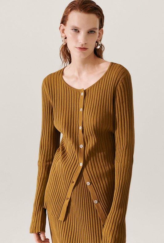 Image of a model wearing Tops. Productname: Silk Laundry Ribbed Cardigan in Drought colour by brand - Silk Laundry