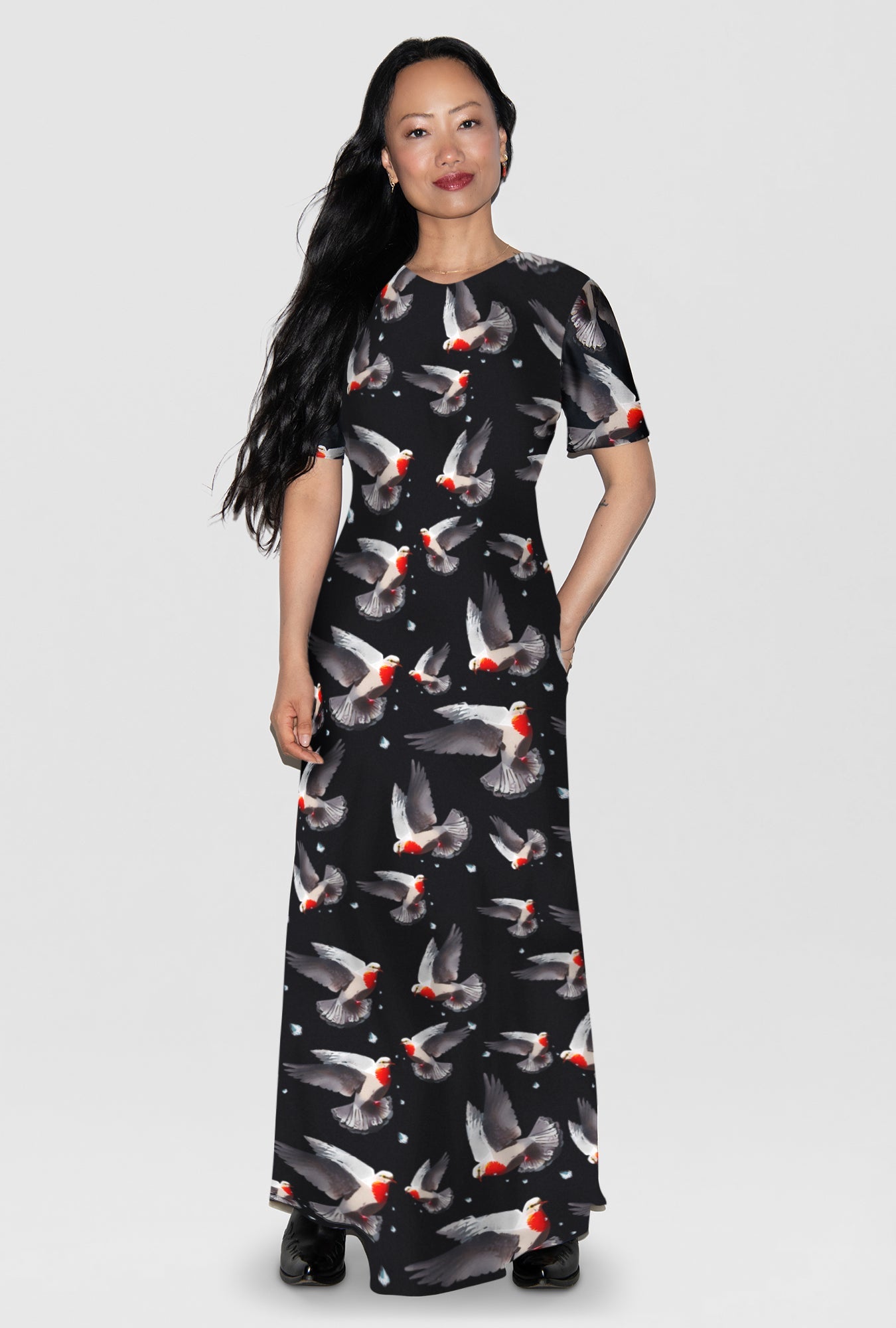 Image of a model wearing Tops. Product name - Short Sleeve Bias Dress Bleeding Dove in Bleeding Dove colour by brand - Silk Laundry