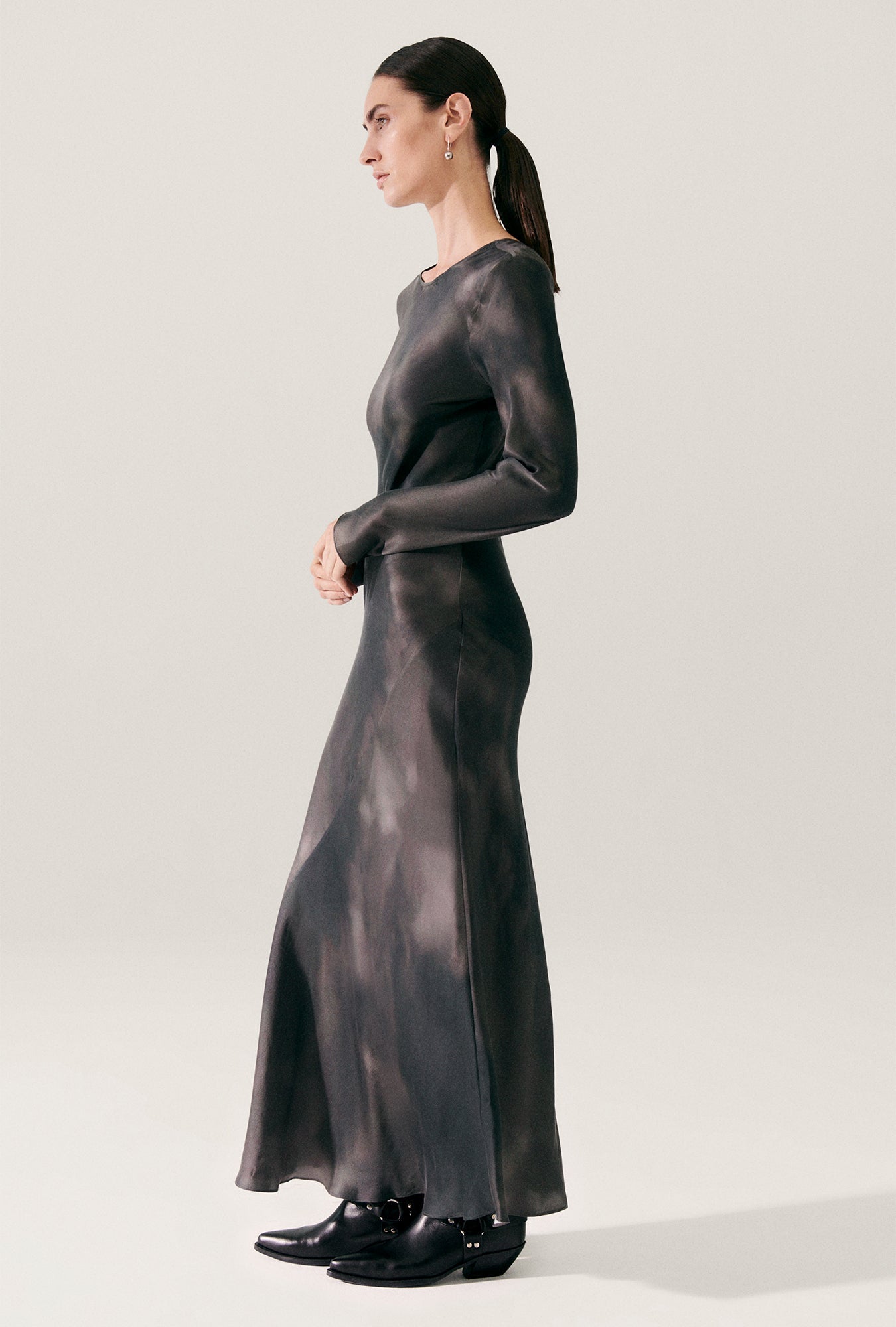Image of Dresses. Product name - Full Sleeve Bias Dress Smoke in Smoke colour by brand - Silk Laundry