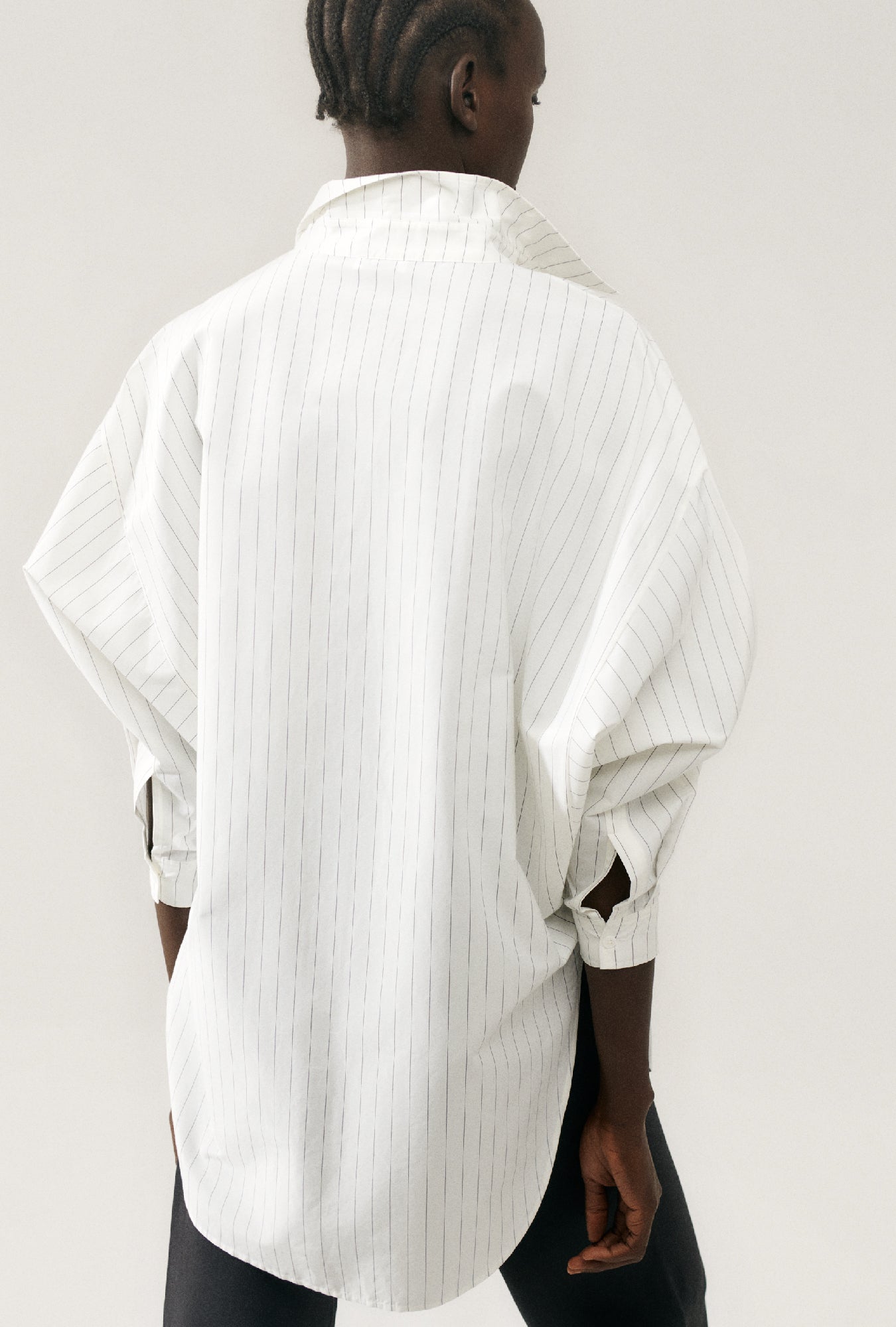 Cotton Silk Round Shirt (White Pinstripe)