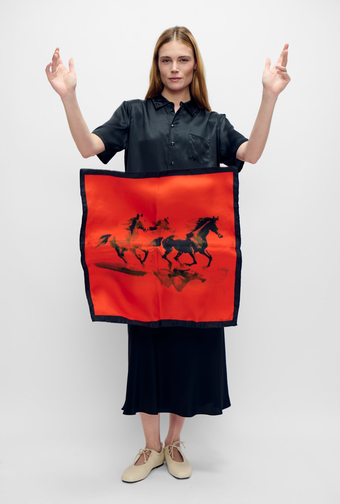 Image of Scarves & Shawls. Product name - Twill Scarf Year of The Horse in Horse colour by brand - Silk Laundry