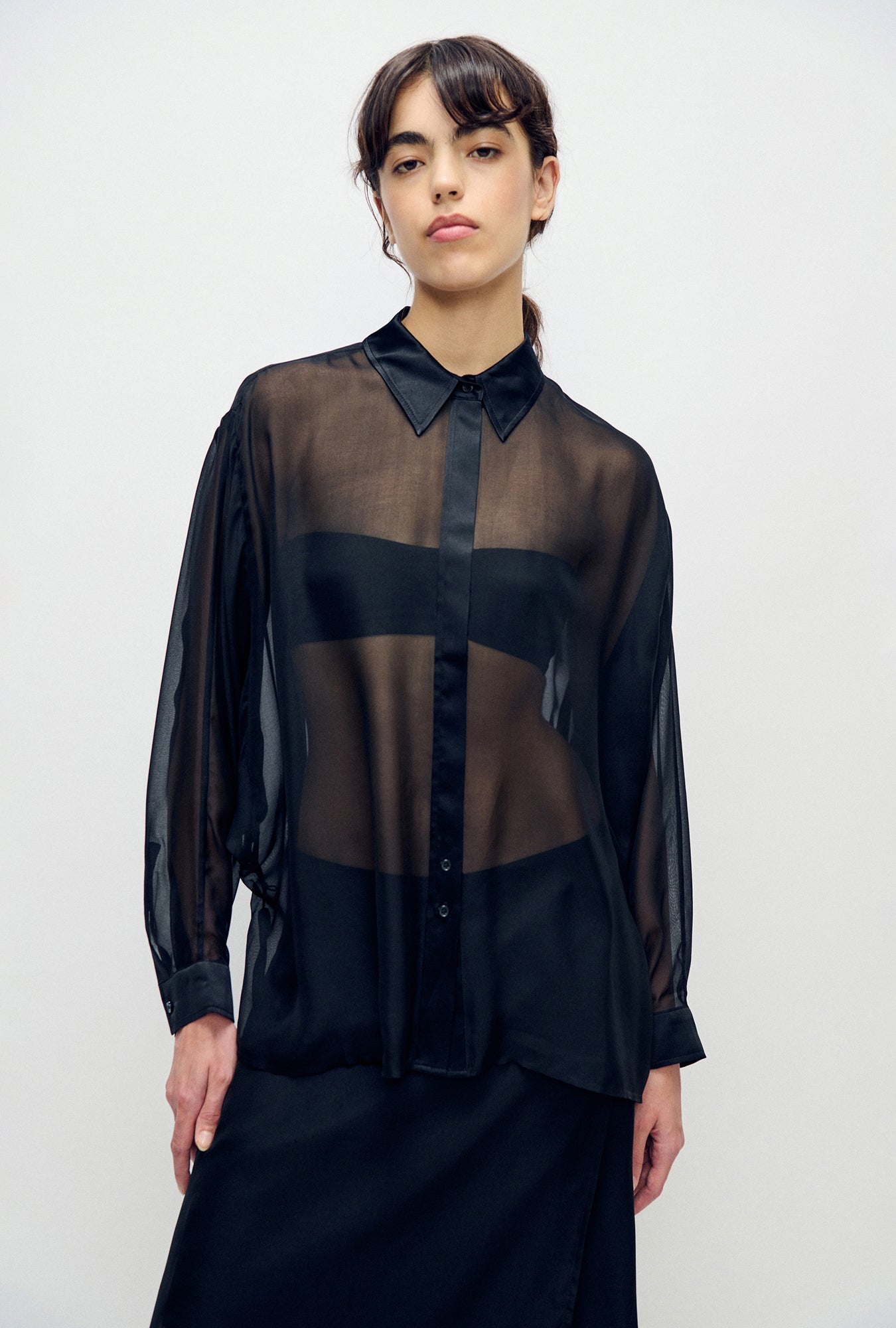 Silk Laundry Chiffon Crossover Shirt (Black)