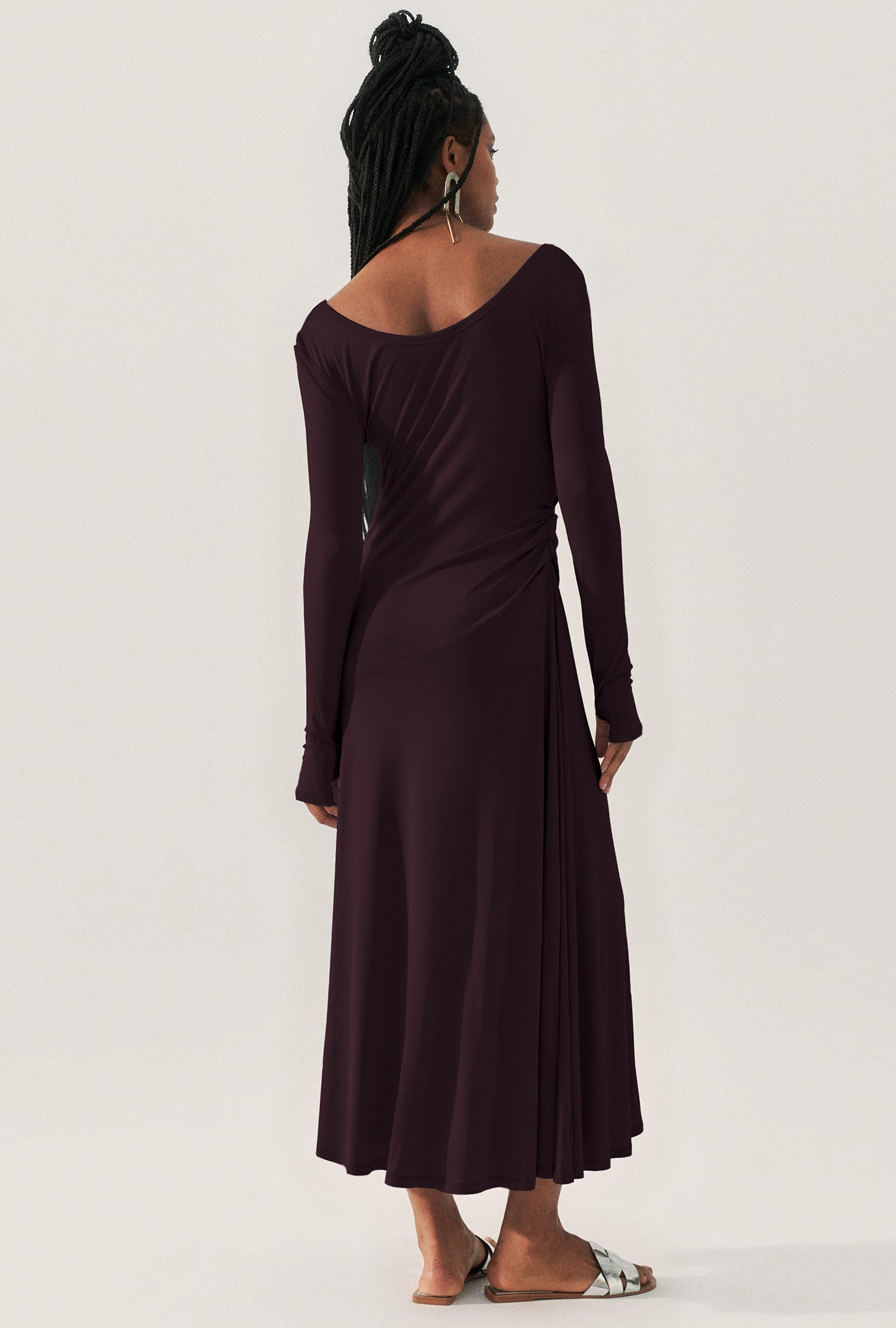Silk Laundry Jersey Long Sleeve Dress (Cacao)
