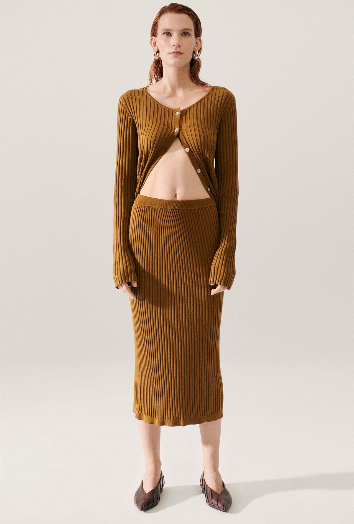 Silk Laundry Ribbed Straight Skirt (Drought)
