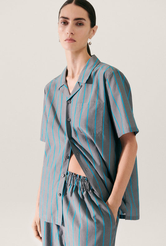 Image of Shirts. Product name - Cotton Silk Camp Shirt Oxygen Stripe in Oxygen Stripe colour by brand - Silk Laundry