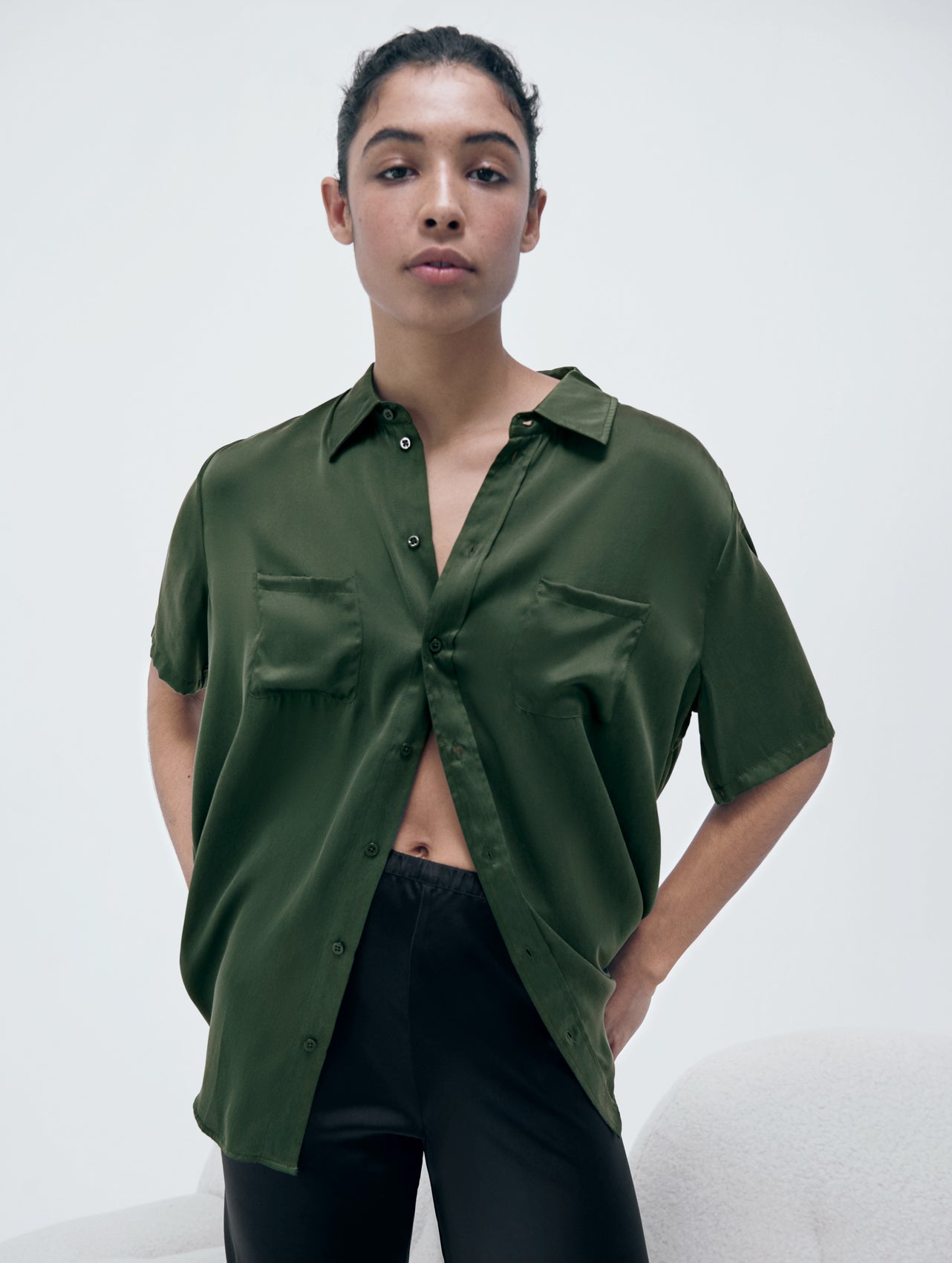 Silk Laundry Short Sleeve Boyfriend Shirt (Cedar)