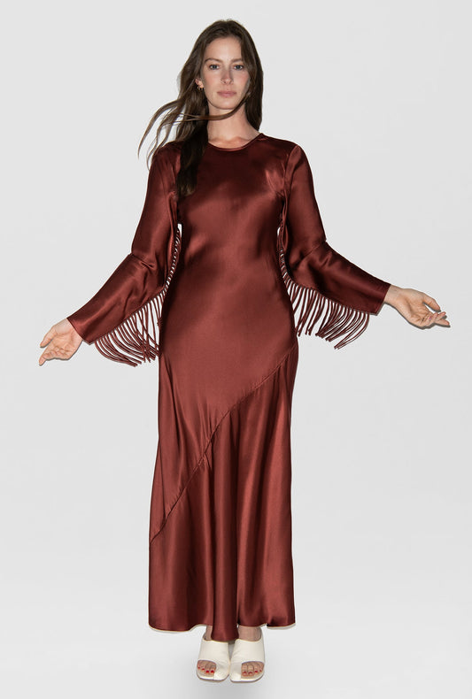 Image of Dresses. Productname: Fringe Full Sleeve Bias Dress Canyon in Canyon colour by brand - Silk Laundry