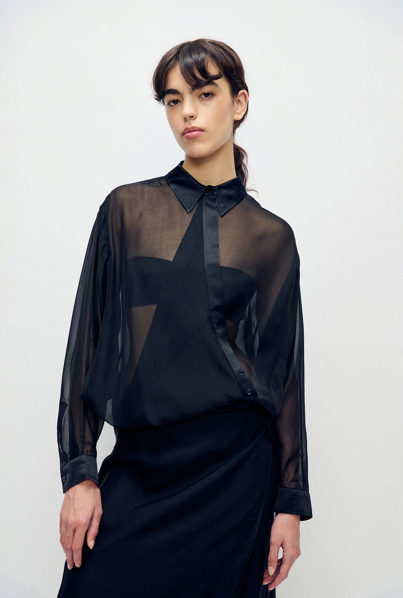 Silk Laundry Chiffon Crossover Shirt (Black)