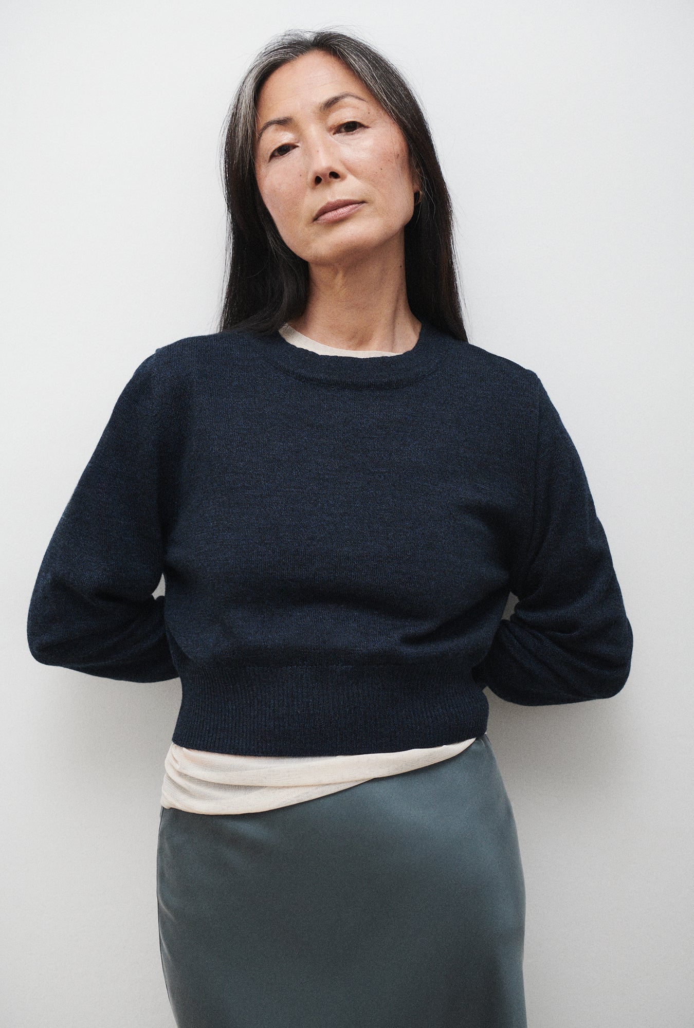 Silk Laundry Cropped Crewneck (Azul Melange)