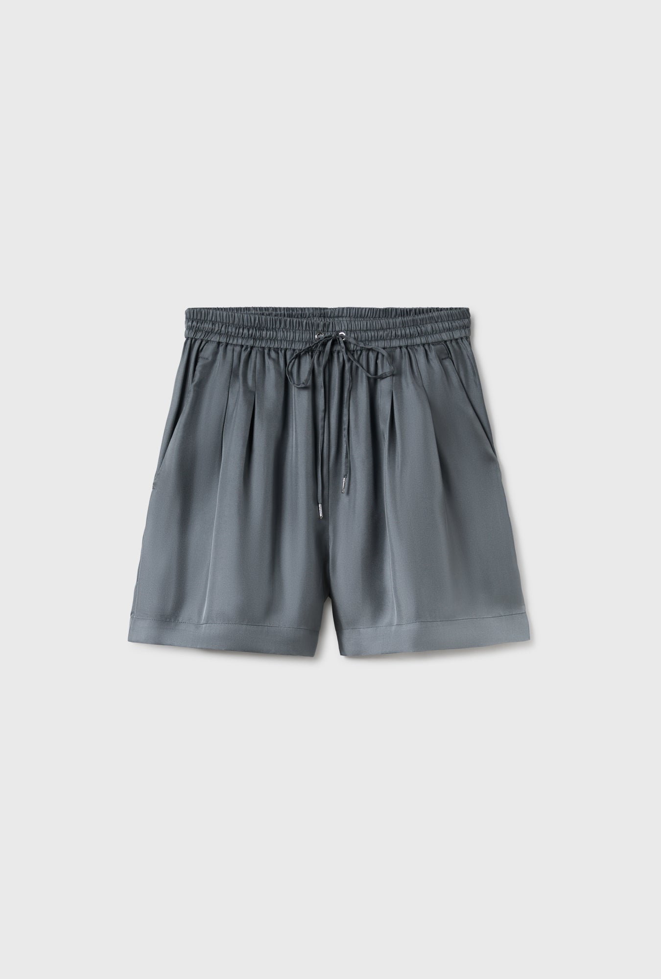 Image of a model wearing Shorts. Product name - Twill Slouch Shorts Slate in Slate colour by brand - Silk Laundry