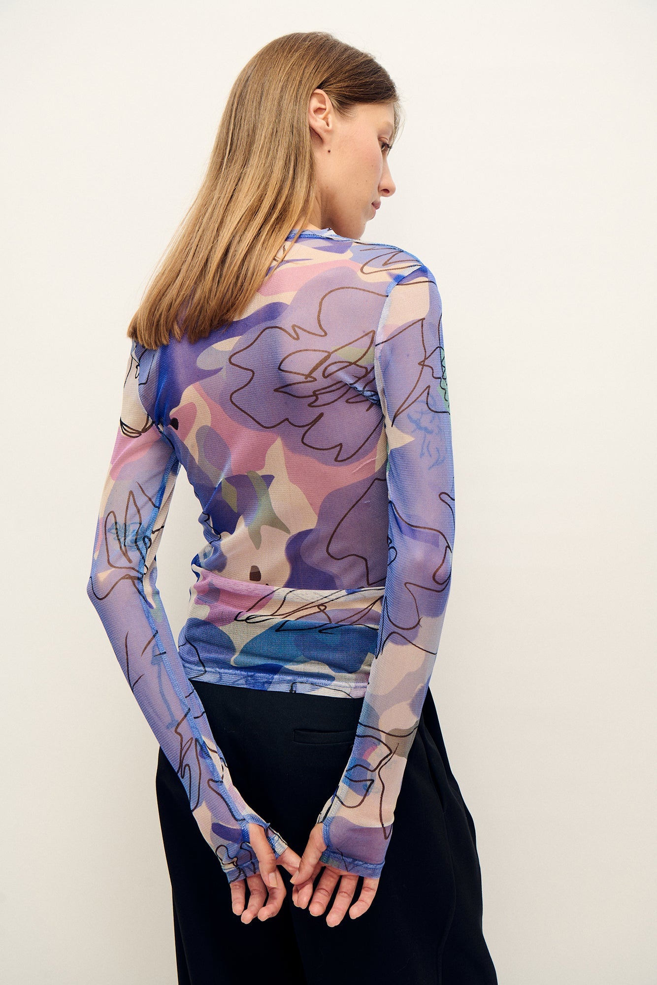 Silk Laundry Mesh Long Sleeve Top (Cornflower Floral)