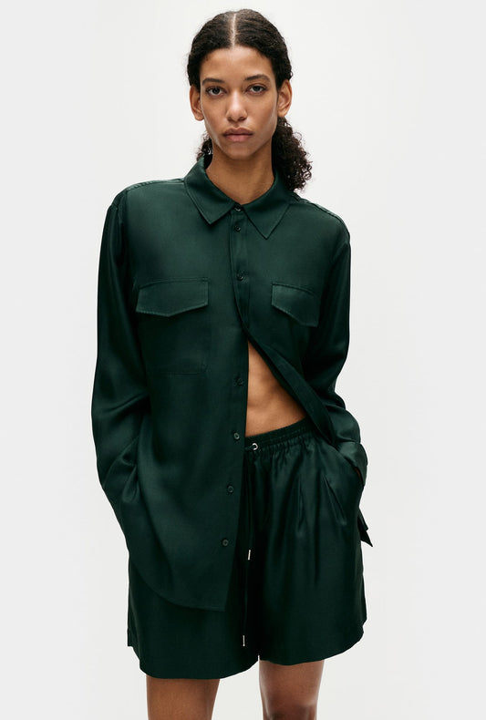 Image of a model wearing Tops. Productname: Silk Laundry TWILL BOYFRIEND SHIRT in Scarab colour by brand - Silk Laundry