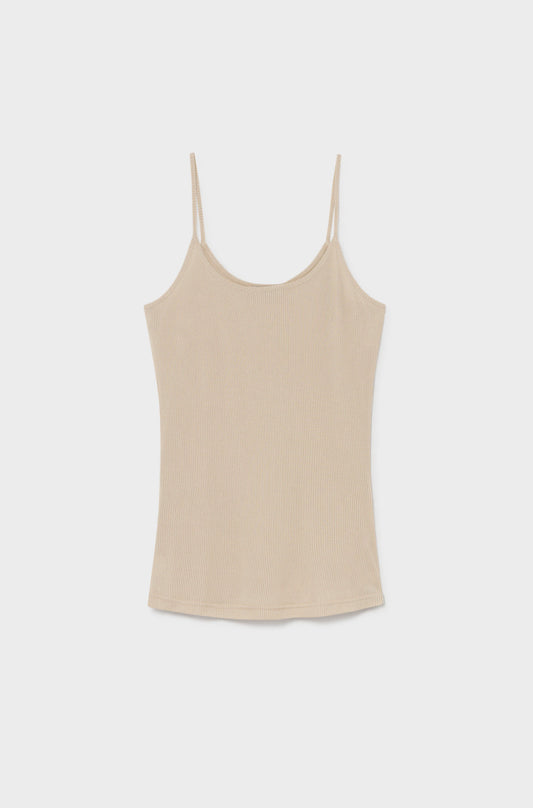 Image of a model wearing Tops. Product name - Ribbed Cami Hazelnut in Hazelnut colour by brand - Silk Laundry