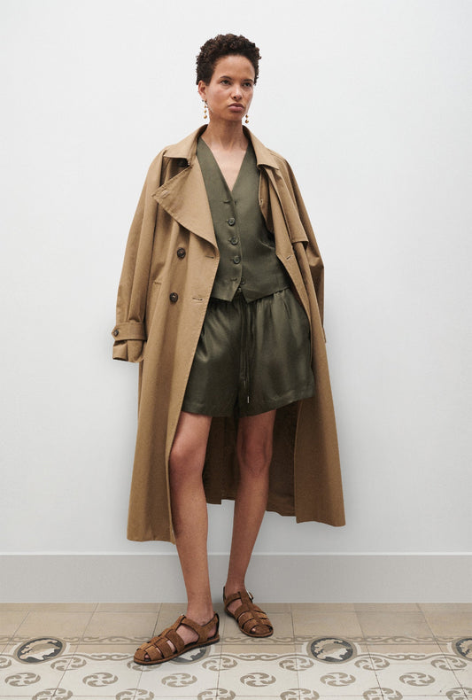 Image of Coats & Jackets. Product name - Twill Vest Pine in Pine colour by brand - Silk Laundry