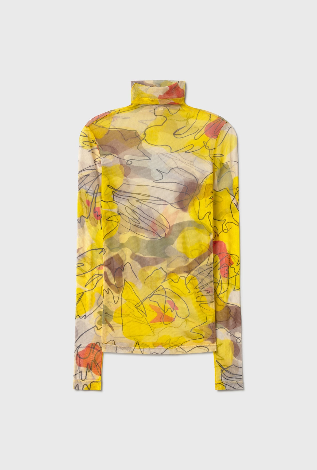 Image of a model wearing Tops. Product name - Mesh Turtleneck Sunflower Floral in Sunflower Floral colour by brand - Silk Laundry