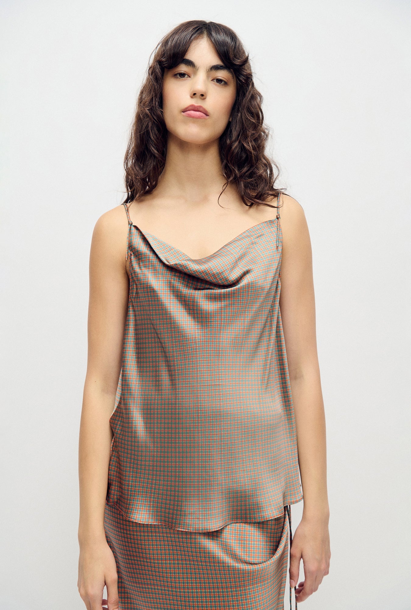 Silk Laundry Drape Cami (Micro Plaid)