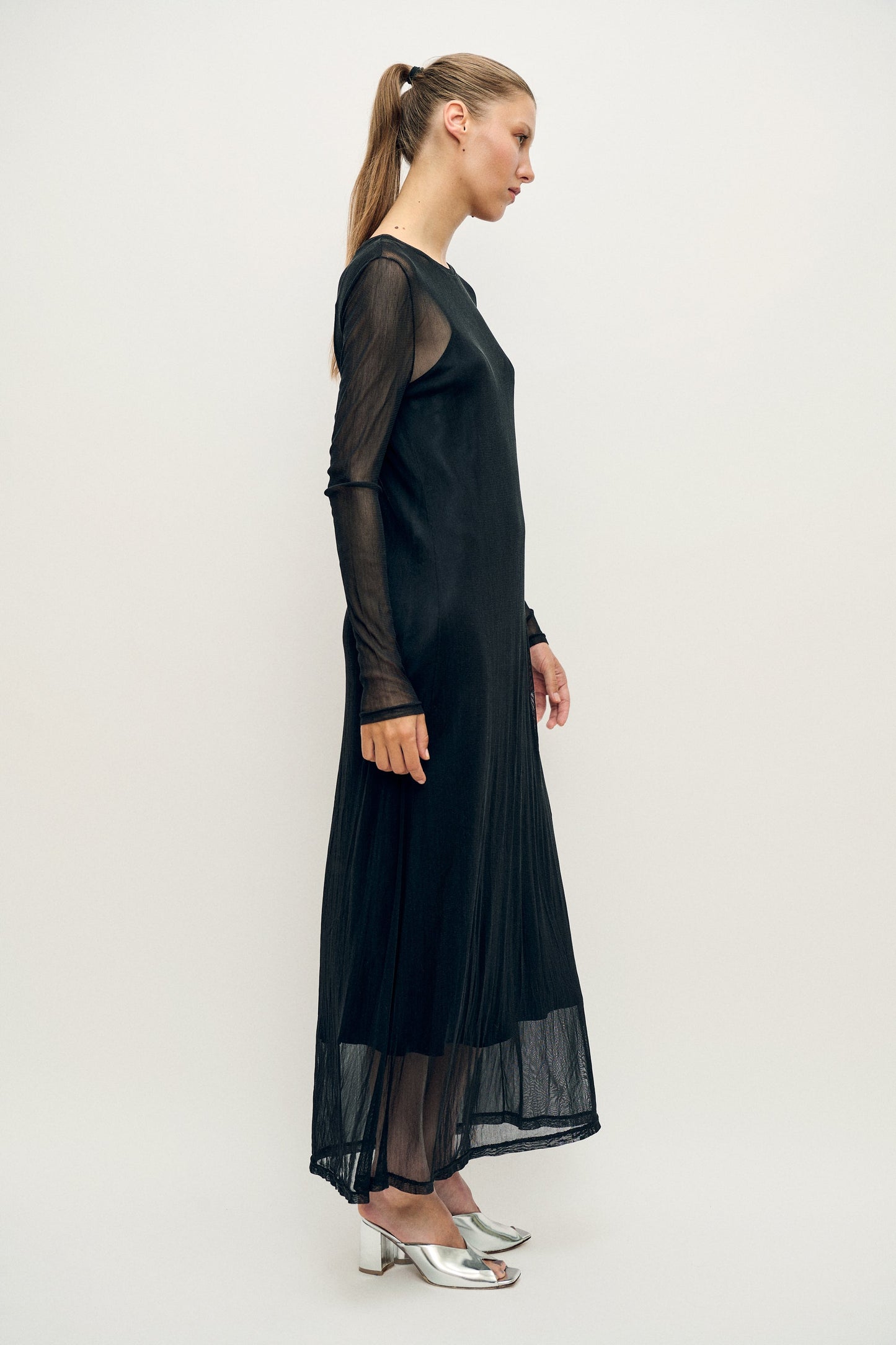 Silk Laundry Mesh Long Sleeve Dress (Black)