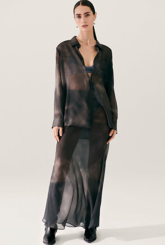 Image of a model wearing Skirts. Productname: Chiffon Long Bias Cut Skirt Smoke in Smoke colour by brand - Silk Laundry