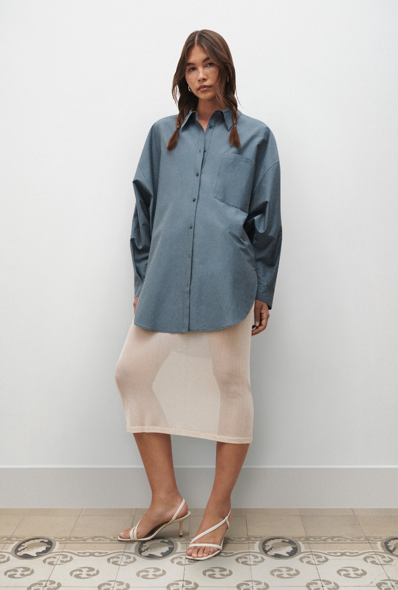 Image of Shirts. Productname: Cotton Silk Round Shirt Slate in Slate colour by brand - Silk Laundry