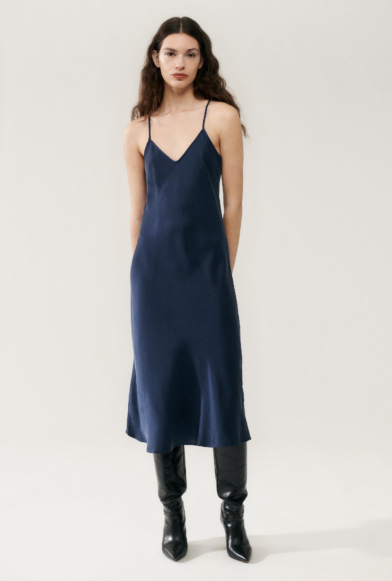 Image of Dresses. Product name - 90s Slip Dress Midnight in Midnight colour by brand - Silk Laundry