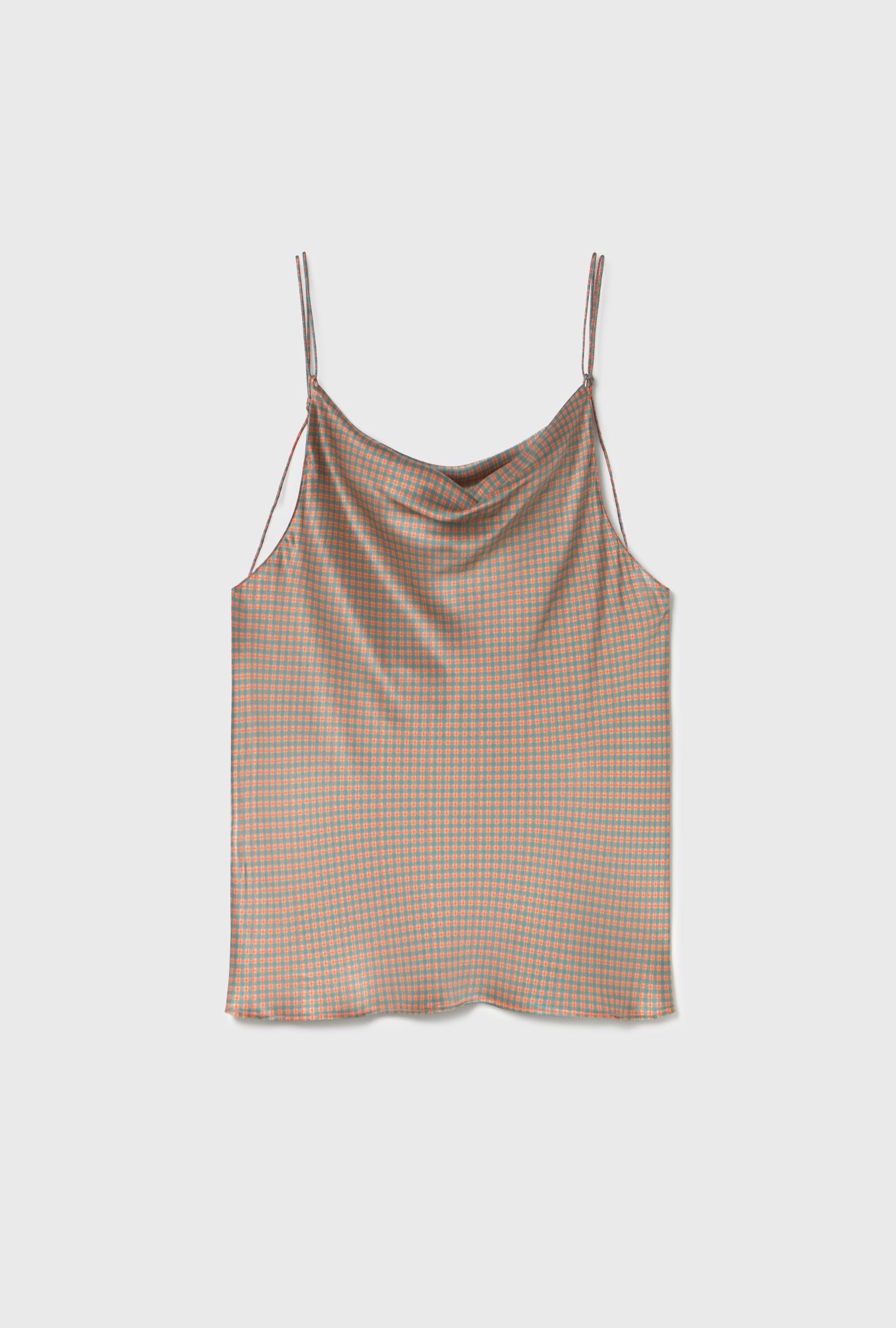 Image of a model wearing Tops. Product name - Drape Cami Micro Plaid in Micro Plaid colour by brand - Silk Laundry