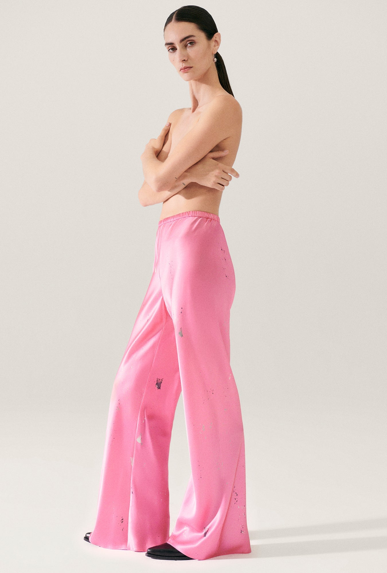 Image of a model wearing Pants. Product name - Bias Cut Pants Hog Wash in Hog Wash colour by brand - Silk Laundry