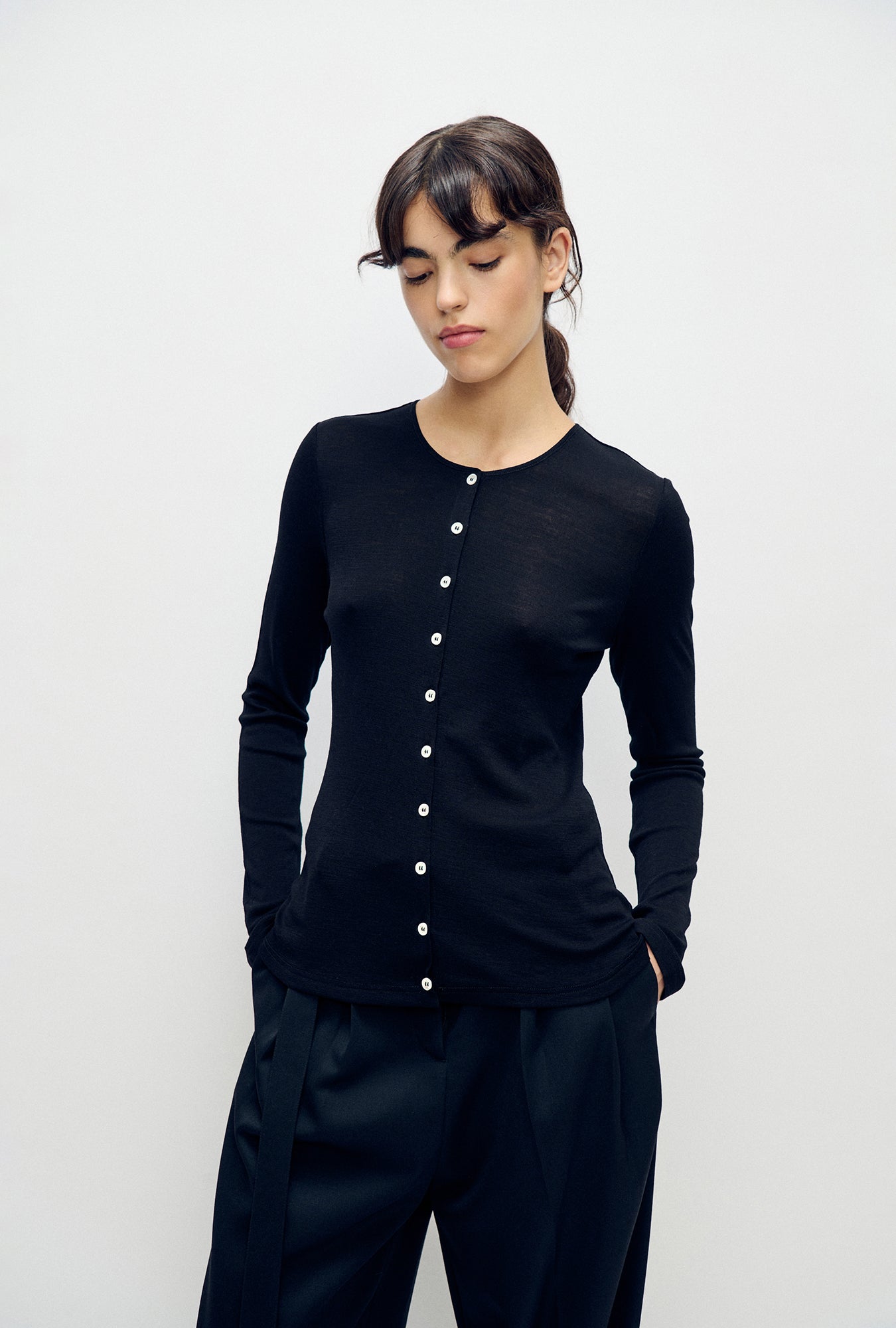 Image of Cardigans. Product name - Merino Cardigan Black in Black colour by brand - Silk Laundry