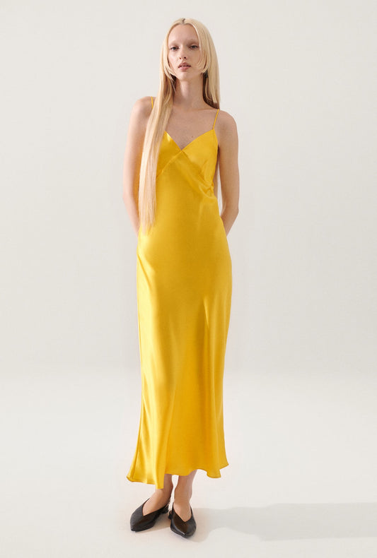 Image of Dresses. Productname: Deco Rouleau Dress Marigold in Marigold colour by brand - Silk Laundry