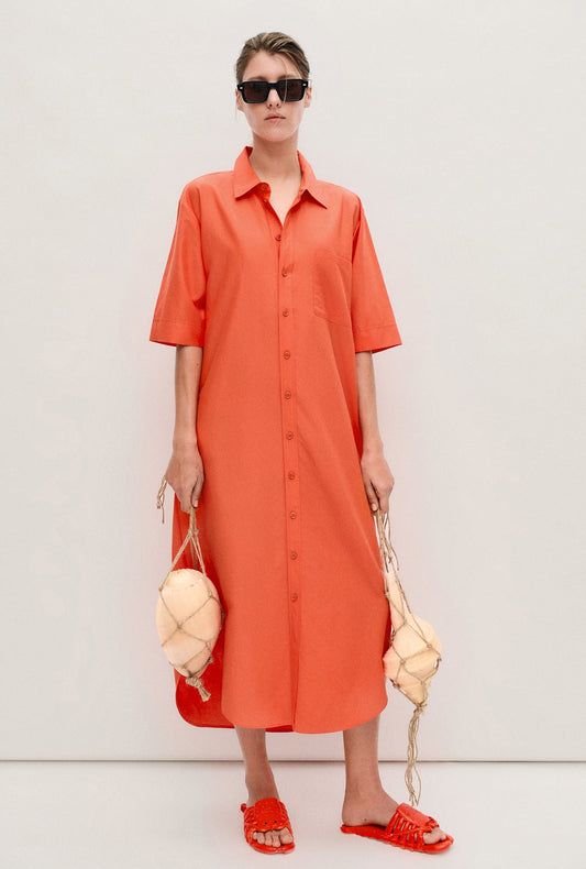 Image of Dresses. Productname: Silk Laundry Short Sleeve Boyfriend Shirt Dress in Snapper colour by brand - Silk Laundry