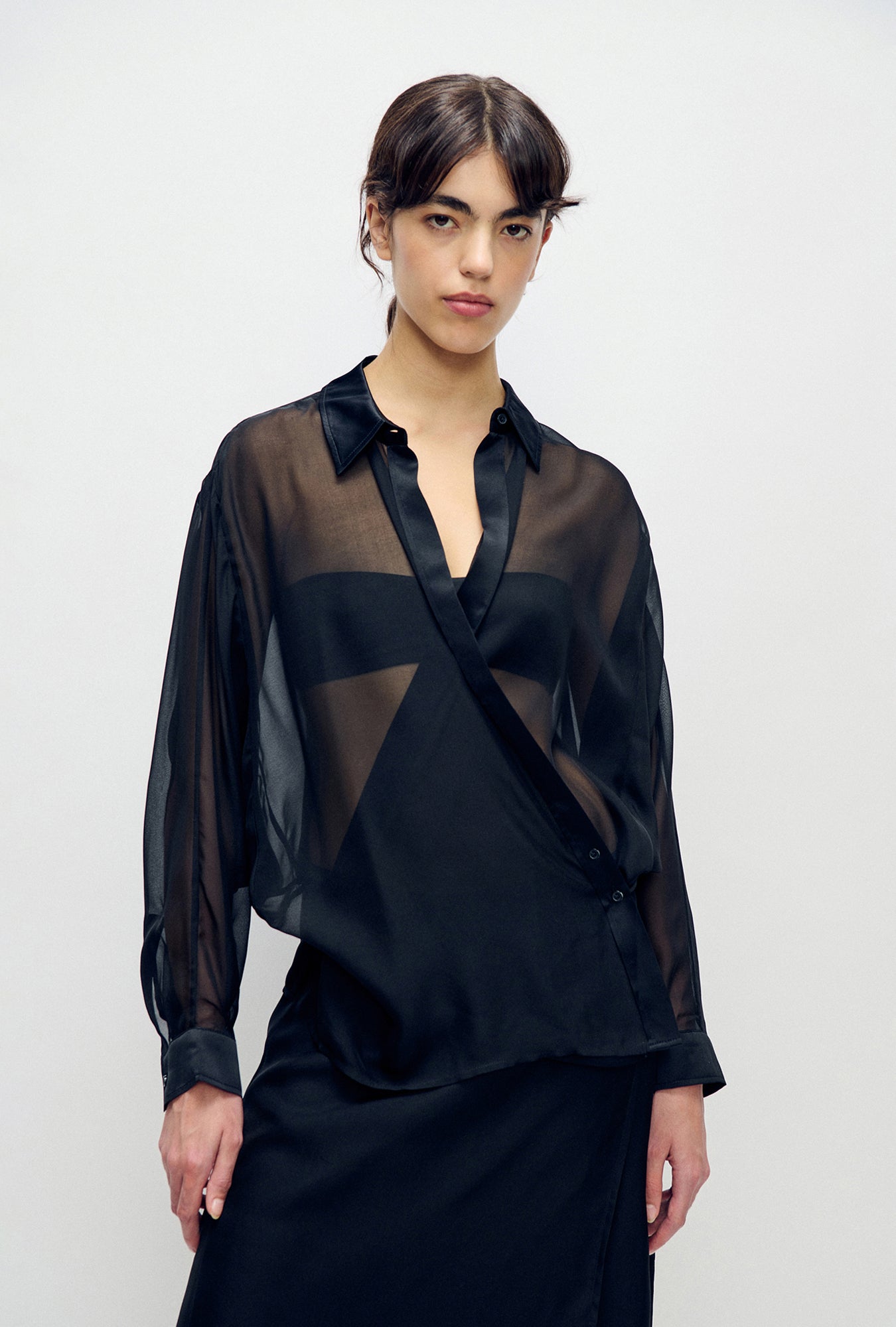 Silk Laundry Chiffon Crossover Shirt (Black)