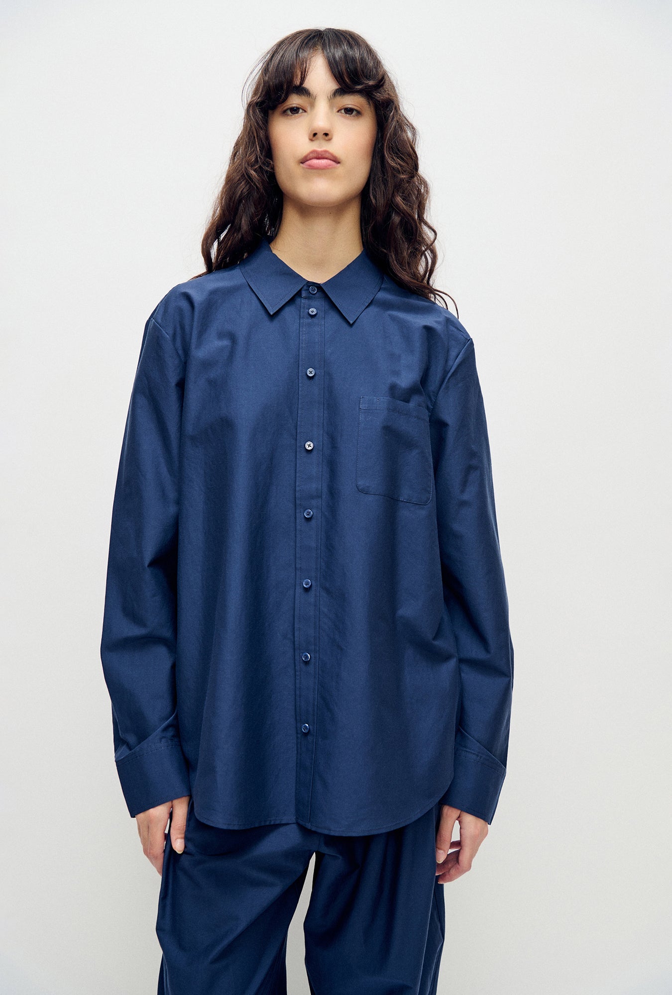 Image of Shirts. Product name - Cotton Silk Boyfriend Shirt Midnight in Midnight colour by brand - Silk Laundry