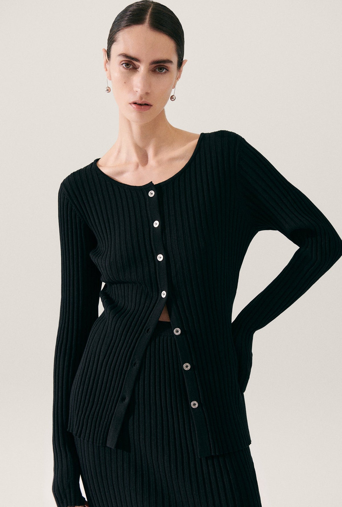 Image of Cardigans. Product name - Ribbed Cardigan Black in Black colour by brand - Silk Laundry