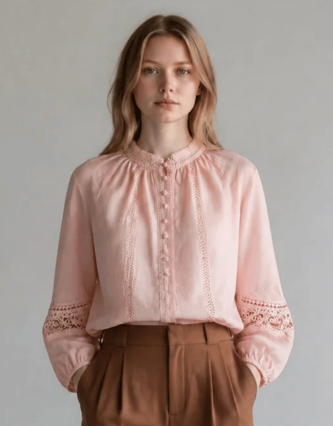 Image of a model wearing Tops. Product name - Meissin Linen Blouse Pink in Pink colour by brand - GDS