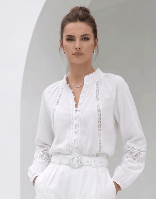 Image of a model wearing Tops. Product name - Meissin Linen Blouse White in White colour by brand - GDS