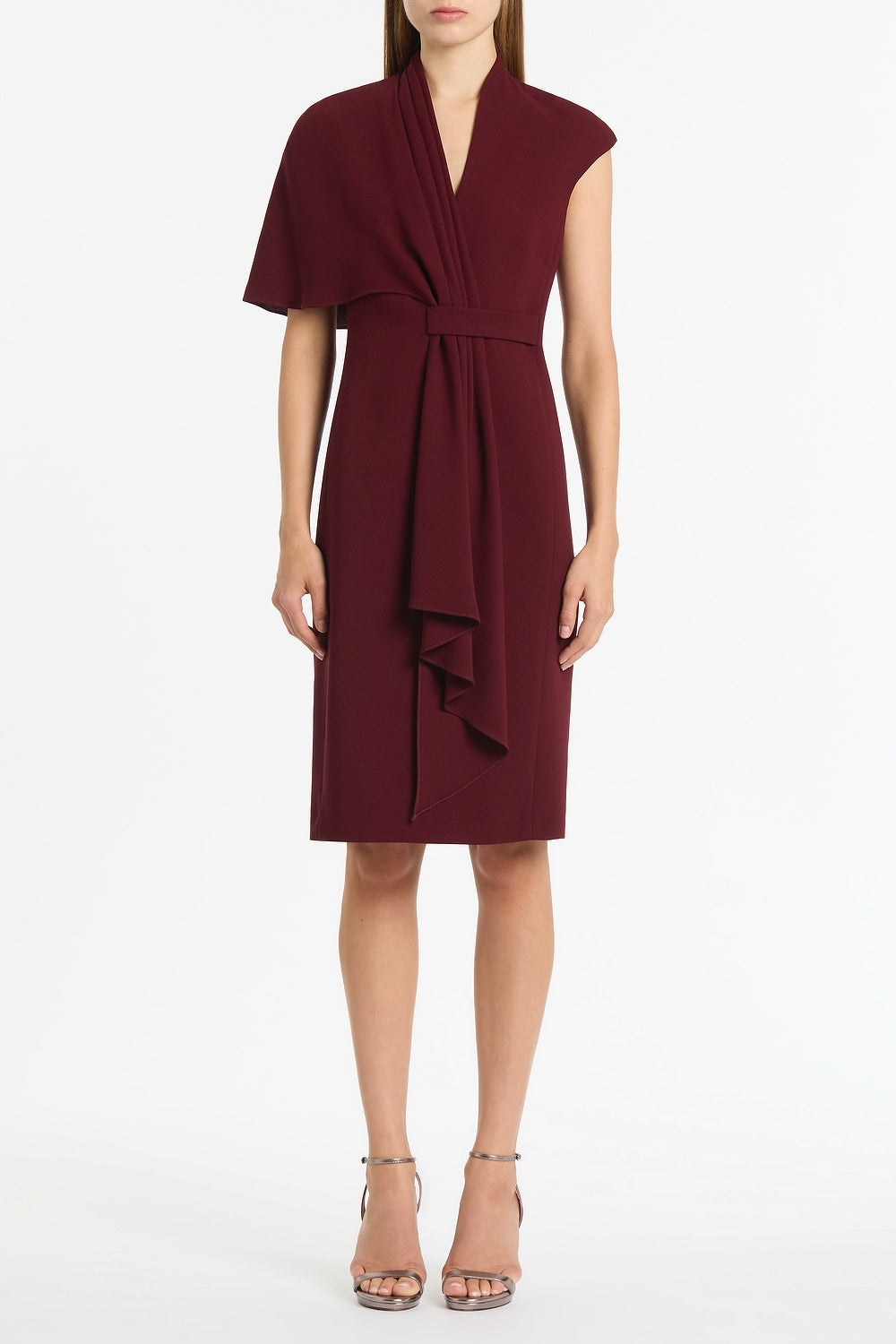 Image of Dresses. Product name - Merlot Asymmetric Drape Dress in Red colour by brand - Carla Zampatti