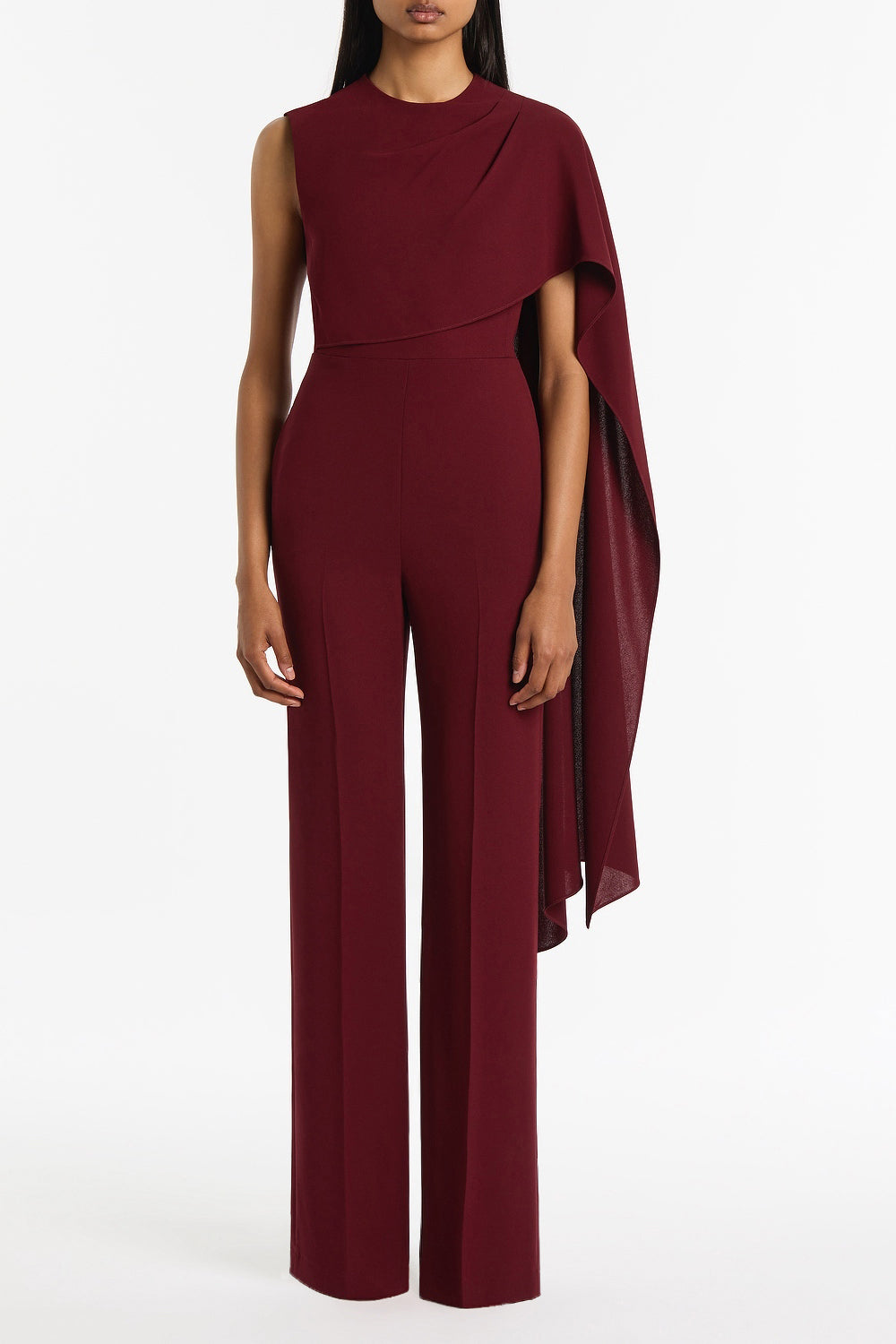 Image of Bodysuits. Product name - Merlot Crepe Cascade Jumpsuit in Red colour by brand - Carla Zampatti