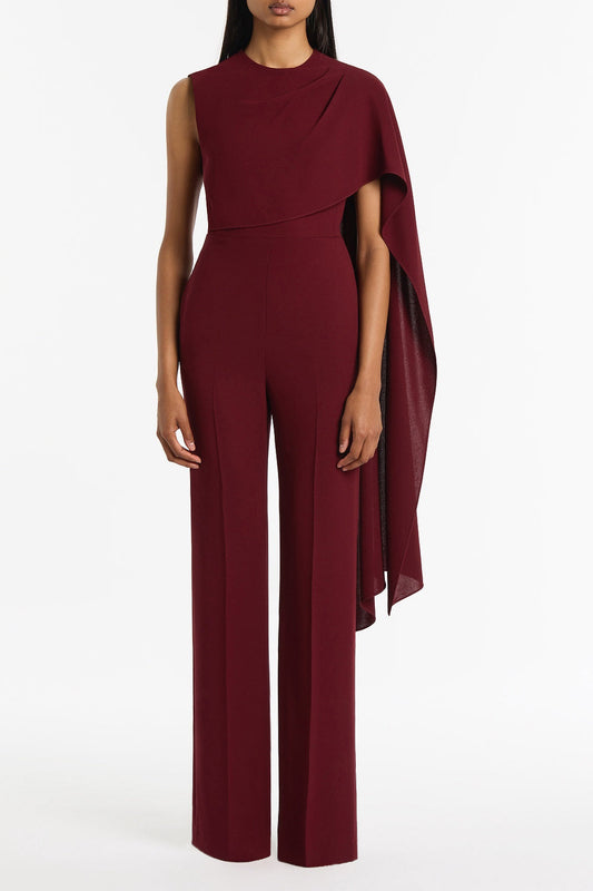 Image of Bodysuits. Product name - Merlot Crepe Cascade Jumpsuit in Red colour by brand - Carla Zampatti