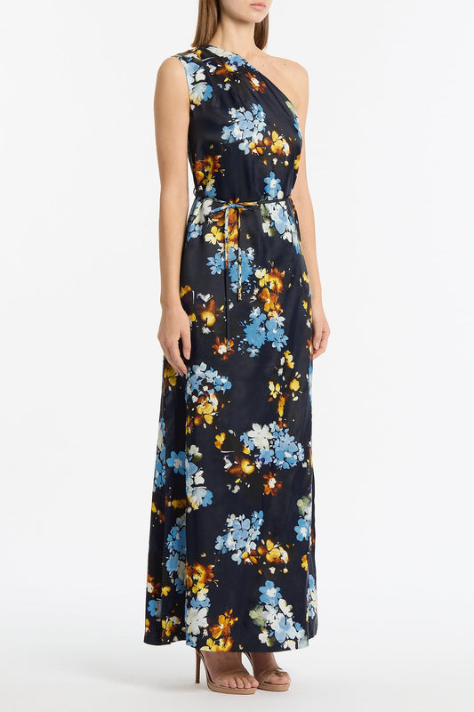 Carla Zampatti Midnight Botanica Viscose Twill One Shoulder Dress (Navy)