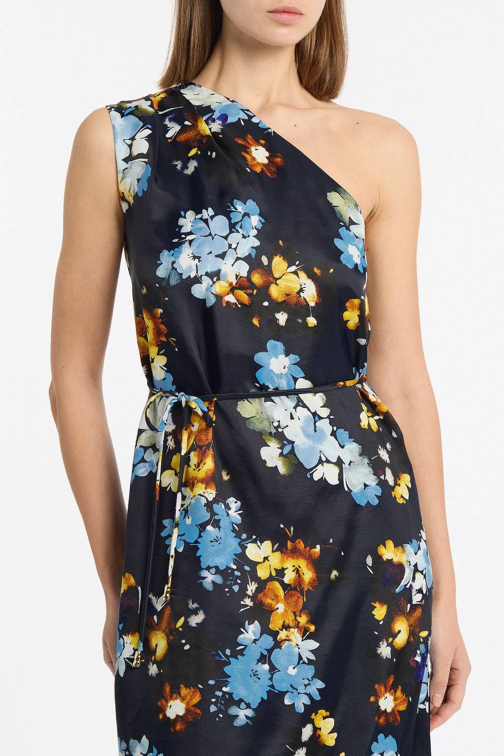 Carla Zampatti Midnight Botanica Viscose Twill One Shoulder Dress (Navy)