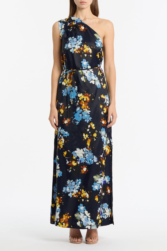 Image of Dresses. Product name - Midnight Botanica Viscose Twill One Shoulder Dress in Navy colour by brand - Carla Zampatti