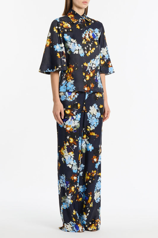 Carla Zampatti Midnight Botanica Viscose Twill Fluted Sleeve Shirt (Navy)
