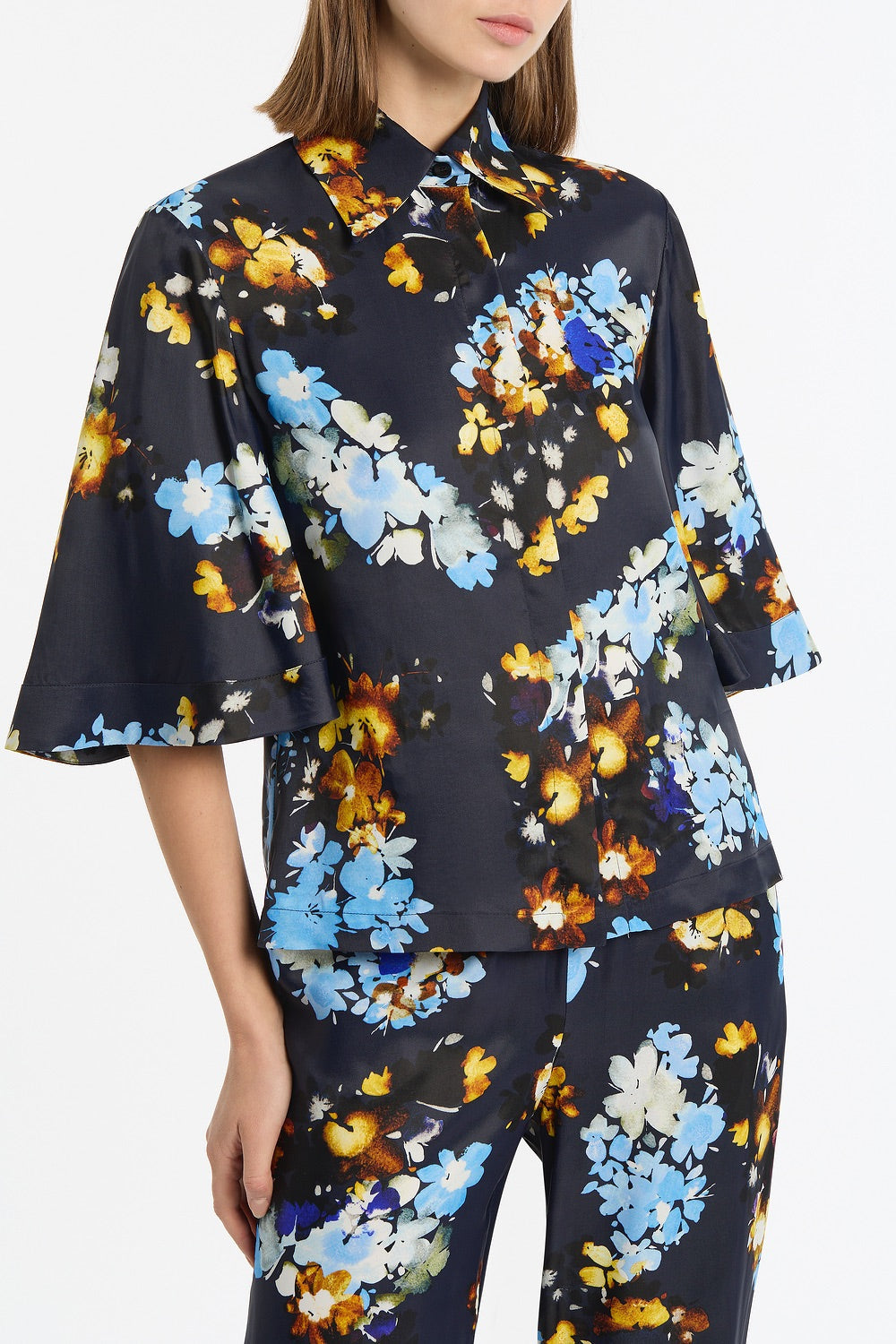Carla Zampatti Midnight Botanica Viscose Twill Fluted Sleeve Shirt (Navy)