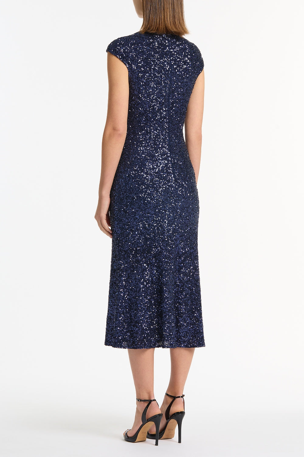 Carla Zampatti Midnight Crushed Sequin Fluted Midi Dress (Navy)