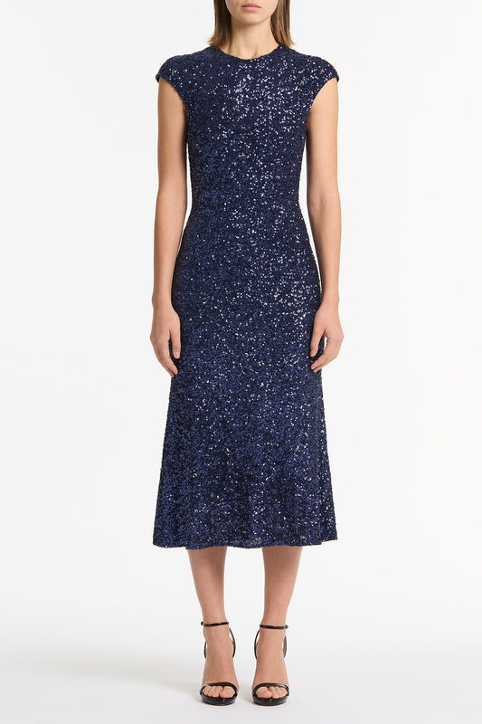 Image of Dresses. Product name - Midnight Crushed Sequin Fluted Midi Dress in Navy colour by brand - Carla Zampatti